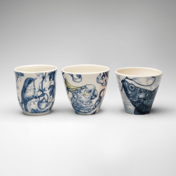 Robin & Teapot, Cockatoo & Trophies & Hooked Teacups